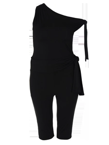 Detail view of black one-shoulder slim fit jumpsuit with elegant waist tie design