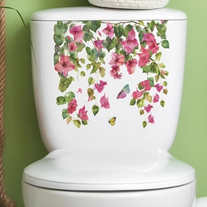 Waterproof floral toilet seat sticker with pink bougainvillea and butterflies decor