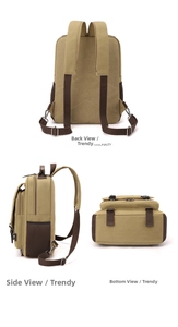 Three-view layout showing khaki canvas backpack back, side mesh pocket, and thick bottom