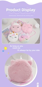 Detail of plush unicorn crossbody bag with soft long faux fur and sequined horn