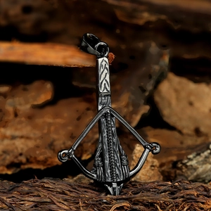 Vintage stainless steel crossbow pendant necklace for men with black metal finish