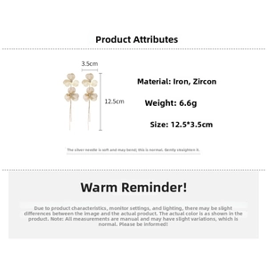 Detailed specs for gold flower tassel earrings featuring iron and zircon materials