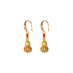 Brushed gold-plated gourd drop earrings with red accents and intricate hollow patterns