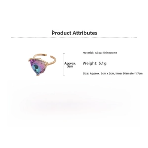 Detail view of adjustable gold ring featuring a large triangular rainbow rhinestone crystal