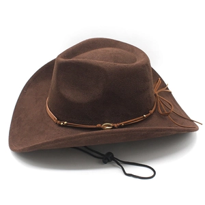 Detail view of brown suede cowboy hat with braided leather cord and shell accent