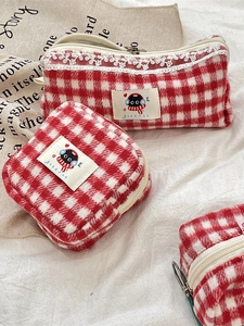 Red gingham pencil case and square pouch with lace trim and cartoon cat patch