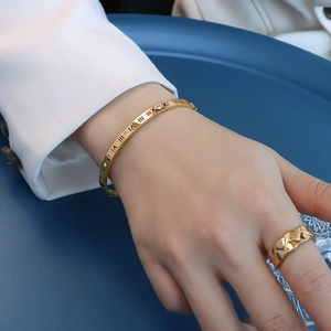 Roman Numeral Rhinestone Bangle Titanium Steel Gold Plated Minimalist Hollow Bracelet Jewelry For Women