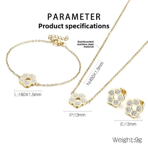 Detailed size parameters of gold flower jewelry set with necklace, bracelet, and earrings