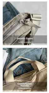 Close-up of smooth zipper closure and comfortable wide strap on quilted tote bag