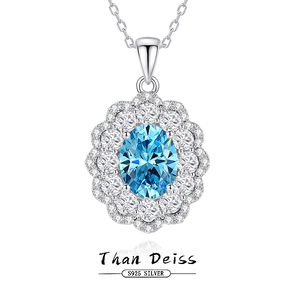 925 Sterling Silver Oval Gemstone Necklace High Carbon Diamond Flower Halo Pendant Elegant Jewelry For Women