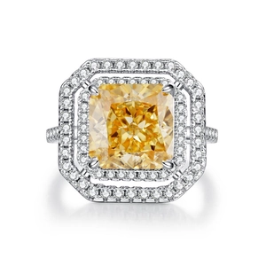 Bague raffinée en argent S925 avec zircon jaune taille radiant et double entourage diamants