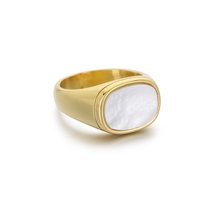18K gold plated stainless steel ring featuring an oval white shell inlay on white background
