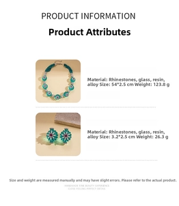 Detail of green resin flower necklace set with rhinestone accents and ripple textures