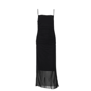 Slim fit black spaghetti strap dress with elegant ruching and sheer mesh hem detail