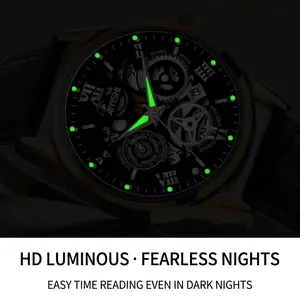 Luminous men's quartz watch with black dial and glowing green markers on steel strap