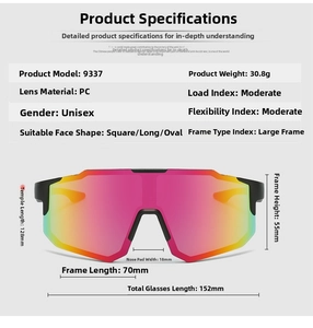 Detailed specifications and dimension chart for model 9337 sports cycling sunglasses