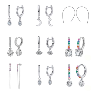 Detailed grid of S925 sterling silver earrings with diverse zircon stone cuts and settings