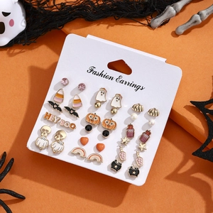 12-pair Halloween earring set featuring ghost pumpkin bat designs on jewelry display card