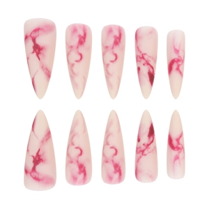 Long stiletto press on nails with red marble pattern and nude base 10pcs set