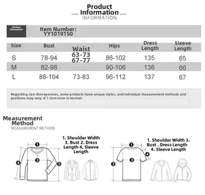 Detailed size chart for long sleeve ruffle dress with measurements for S, M, and L sizes