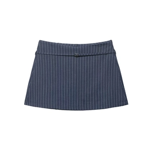 Navy blue striped A-line mini skirt with a slim matching belt on a white background