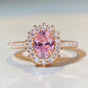 Elegant Oval Cut Pink Simulated Diamond Halo Ring 925 Sterling Silver Rose Gold Plated Luxury Fashion Jewelry For Women