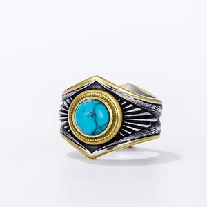 Bague vintage en acier titane pour homme avec turquoise bleue et gravure plume d'aigle