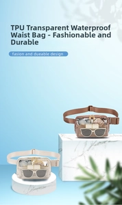 Detail view of waterproof TPU clear belt bags in beige and brown with adjustable straps