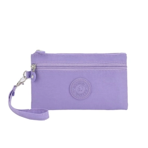 Minimalist purple nylon mobile phone pouch with double zippers and a wrist strap
