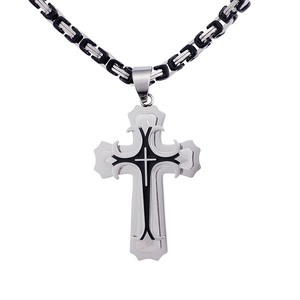 Three-layer cross pendant with black and silver Byzantine chain for men's necklace