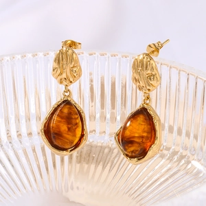 Vintage Stainless Steel 18K Gold Plated Resin Amber Water Drop Earrings Wrinkled Texture Irregular Drop Earrings For Women