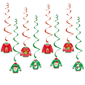 Christmas hanging swirl decorations with red and green spirals and festive ugly sweater charms