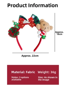 Detail view of Christmas headband with plaid bow, plush bear and Merry Christmas plate