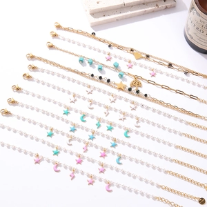 Fashion Gold Plated Stainless Steel Beaded Artificial Pearl Bracelet With Star Moon Heart Enamel Charms For Women Jewelry