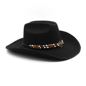Classic black 9.5cm wide brim wool felt western cowboy hat with ethnic beaded band decoration