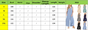 Detailed size chart with measurements for the casual sleeveless jumpsuit with pockets