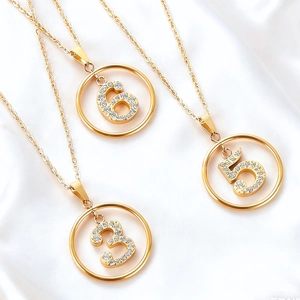 Minimalist Stainless Steel Number Pendant Necklace For Women Light Luxury Gold Plated Zirconia Inlaid Digital Jewelry Gift