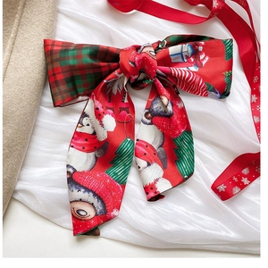 Festive Christmas skinny scarf featuring plaid and holiday prints on a silk-like fabric