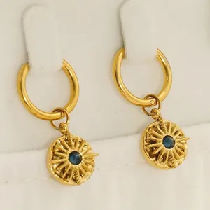 Vintage 18K gold-plated hoop earrings with sunburst blue stone pendant