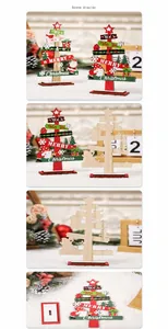 Dettaglio di mini alberi di Natale in legno con motivi festivi dipinti per scrivania
