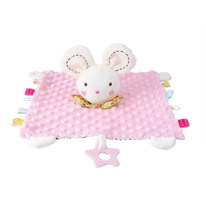 Pink mouse baby security blanket with plush texture, colorful tags, and star teether