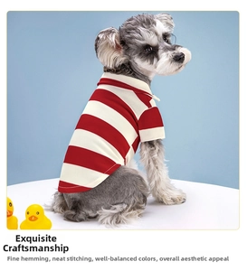 Detail showing high-quality stitching and breathable red striped mesh pet polo shirt