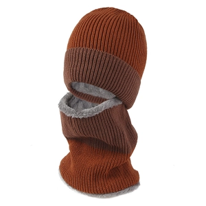 Winter fleece-lined knitted beanie hat and neck warmer set in brown for outdoor cycling