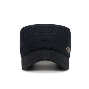 Classic black cotton cadet cap with vintage metal shield badge for men in outdoor style