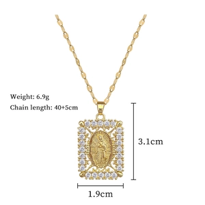 Detailed specs of gold Virgin Mary portrait pendant with white cubic zirconia stones