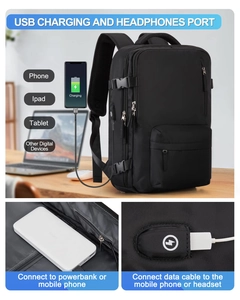 Mochila de viaje negra grande con puerto de carga USB y toma de auriculares integrados