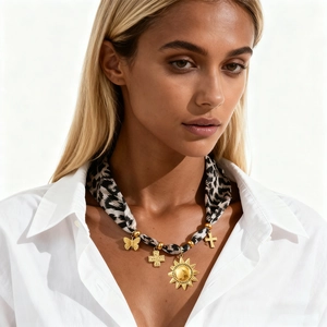 Retro stainless steel necklace with leopard print fabric and gold sun butterfly pendants