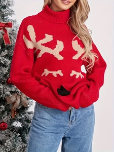Gemütlicher roter Weihnachtsrollkragenpullover mit festlichem Rentier-Muster für Damen