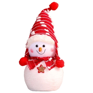 Large Christmas snowman plush doll with Welcome sign and red striped knitted hat decoration