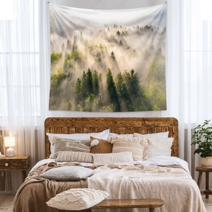 Bohemian forest tapestry showing morning sunlight through trees for bedroom wall decor